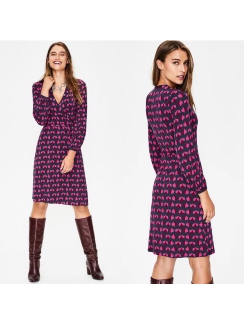 Boden Elodie Long Sleeve Full Wrap Dress Pink Blue Geometric Pattern  6 Petite